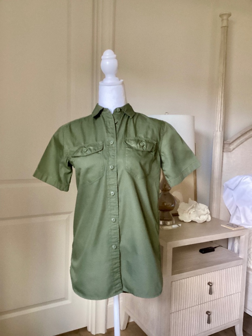 J. Crew SZ XXS Short Sleeve Boyfriend Utility Shirt Dark Fatigue Green